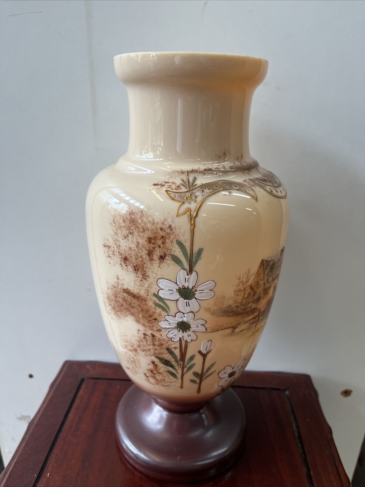 Antique 1900s bristol glass  Floral Flower vase handpainted scenic design