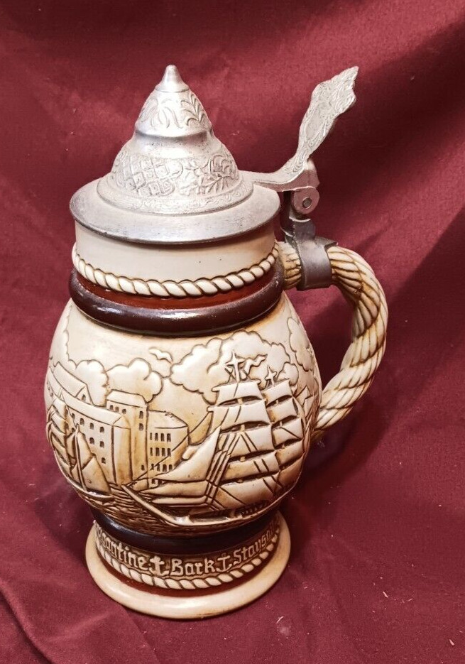 Vintage Avon Staysail Schooner Ship Harbour Bay Ceramic Stein with Pewter Lid