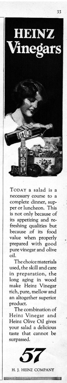 1923 Heinz 57 Vinegars Vintage Print Ad Salad Dressing Olive Oil Women Dinner 