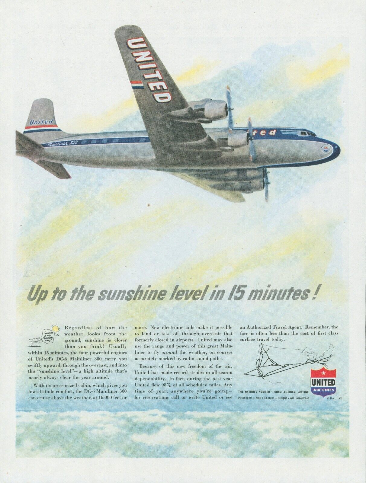1951 United Air Lines Mainliner 300 DC-6 Coast To Coast Vintage Print Ad SP8