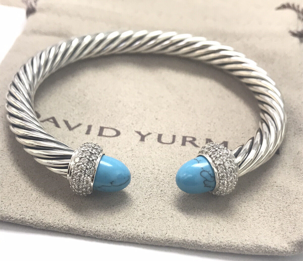 David Yurman 925 Silver 7mm Candy With Turquoise & Diamond Cuff Bracelet Medium