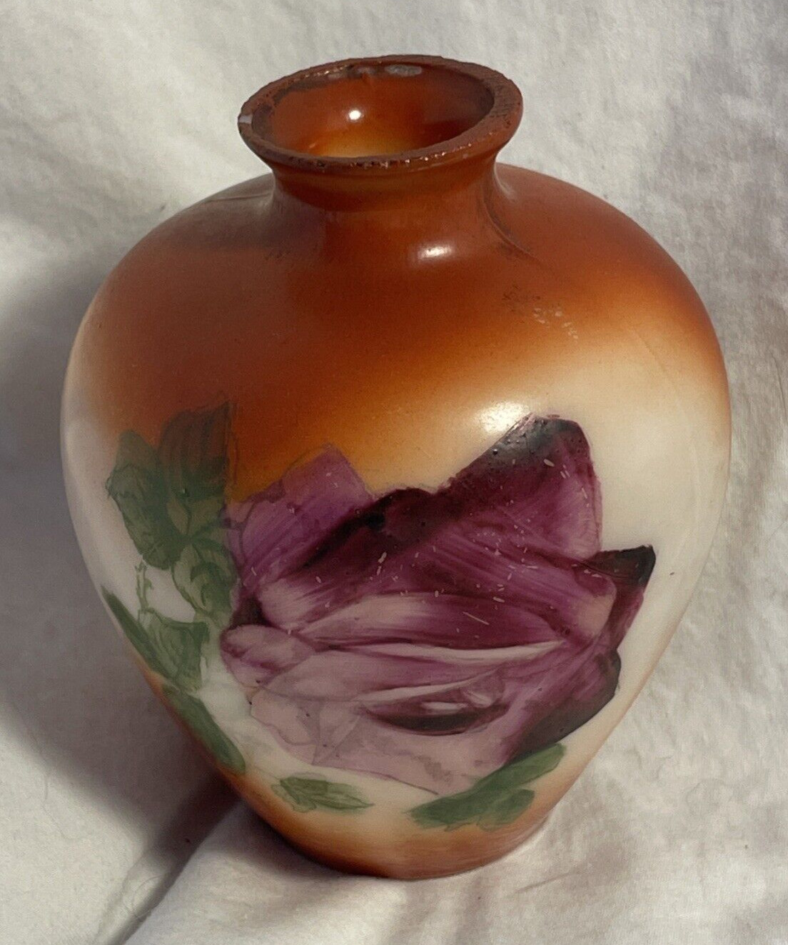 Antique ca. 1900-1920's Fostoria Milk Glass Bulbous Vase Hand  With Painted Rose