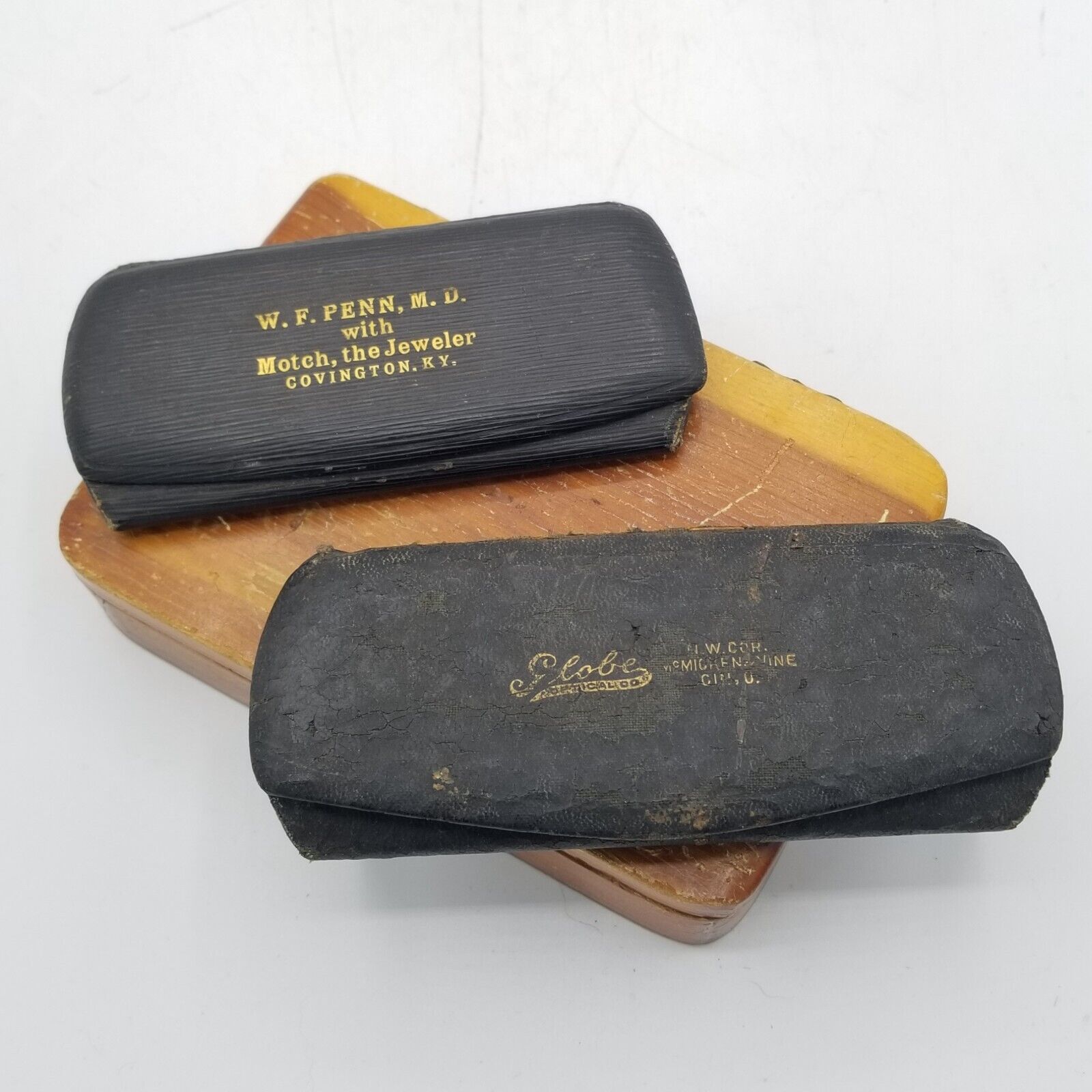 Vintage 1930's Leather Metal Spring Eyeglass Cases Set of Two from OH & KY