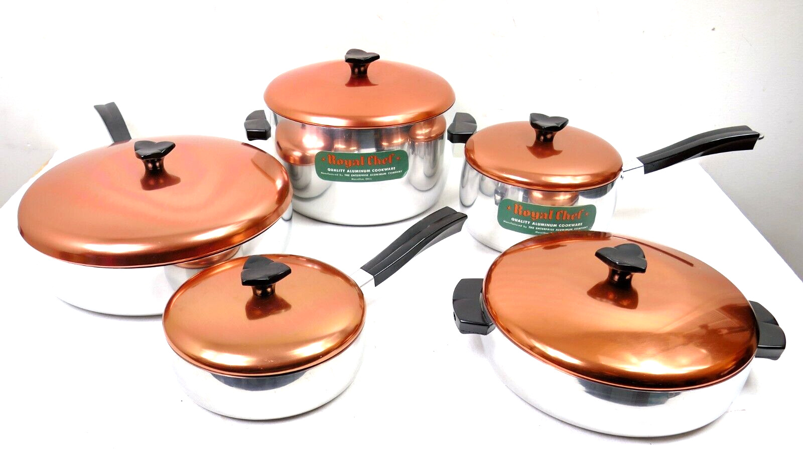 1950\'s Royal Chef Aluminum Copper & Bakelite NOS Cookware 10 pc Set of Pots Pans