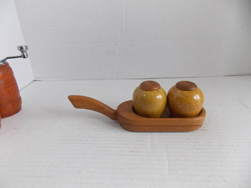 Vintage 1950s Yellow Round Ceramic Salt & Pepper Shakers  Sweden on wooden tray