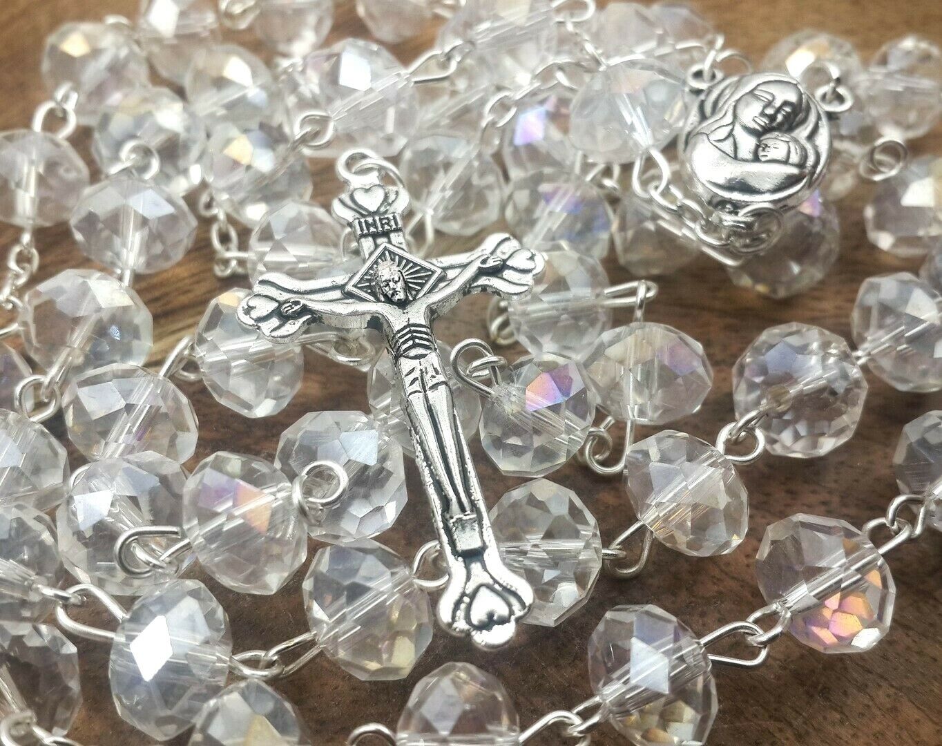 White Clear Beaded Crystal Rosary Necklace Holy Soil Medal and Cross Crucifix 20