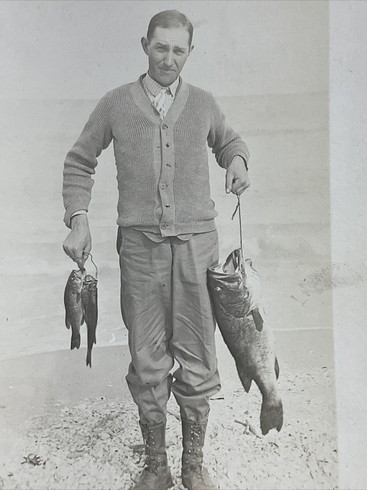 Early 1900s RPPC Postcard Fisherman Holding Caught Fish Real Photo