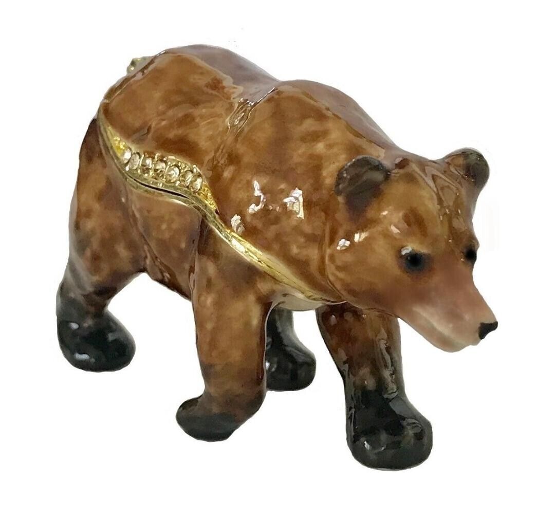 Brown Grizzly Bear Trinket Box, walking, jeweled, enameled, NIB