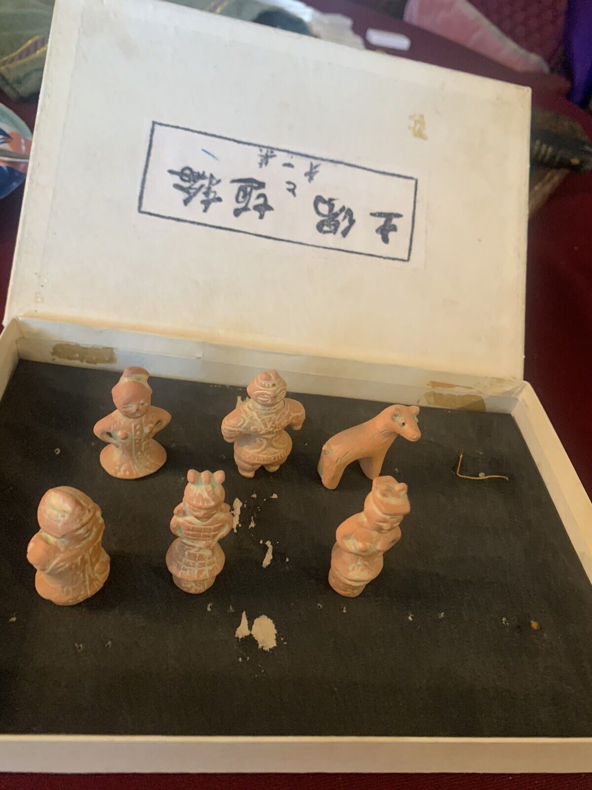 Vintage Haniwa Terracotta Japanese Set Of Miniature Figures 6 At 1 1/2” Boxed