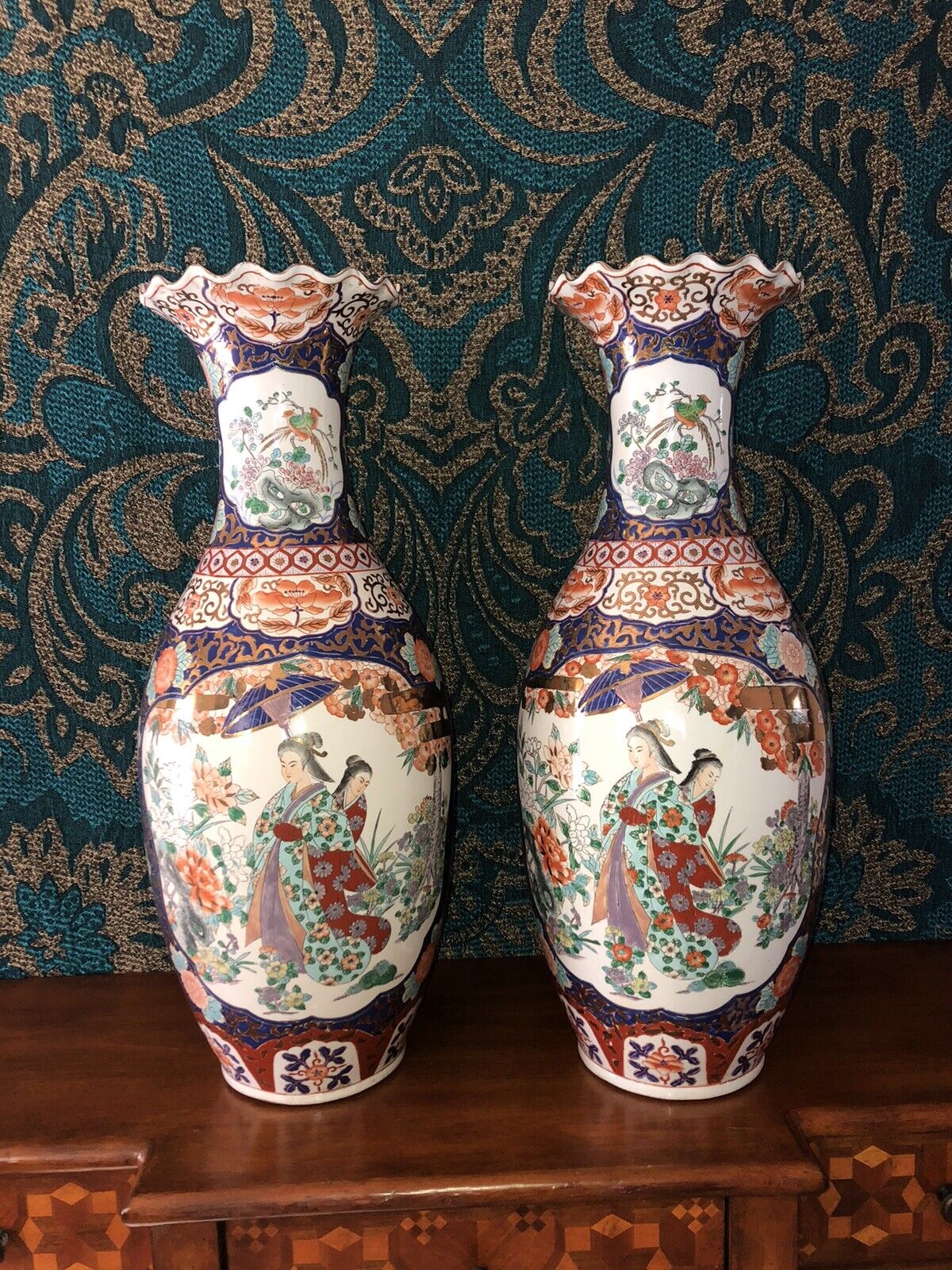 Large Asian Vase Pair- Vintage 1960s-Very Detailed
