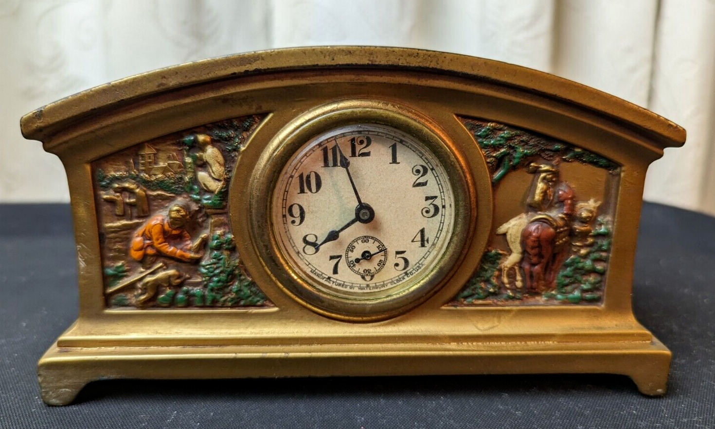 Antique Waterbury Clock Co. Brass Desk Shelf Wind up Clock, Running Perfect Time