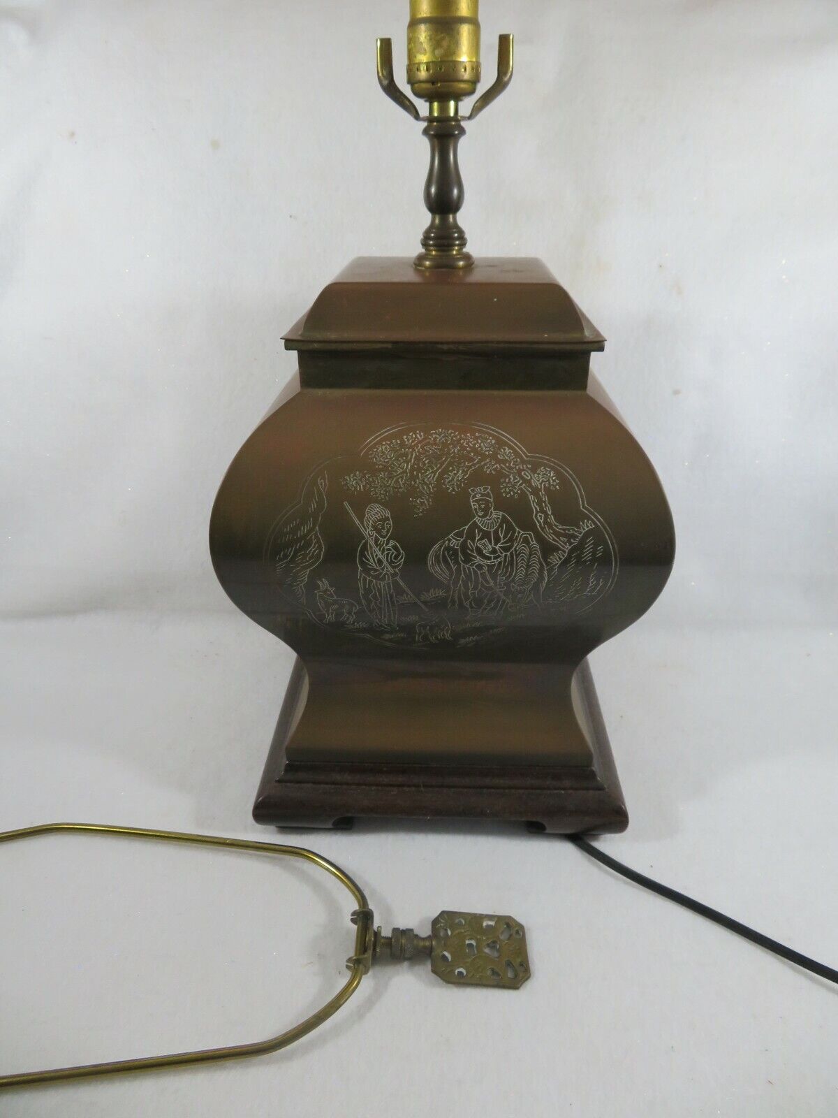 Asian Design Etched Brass Lamp with Great Patina and Interesting Scenes
