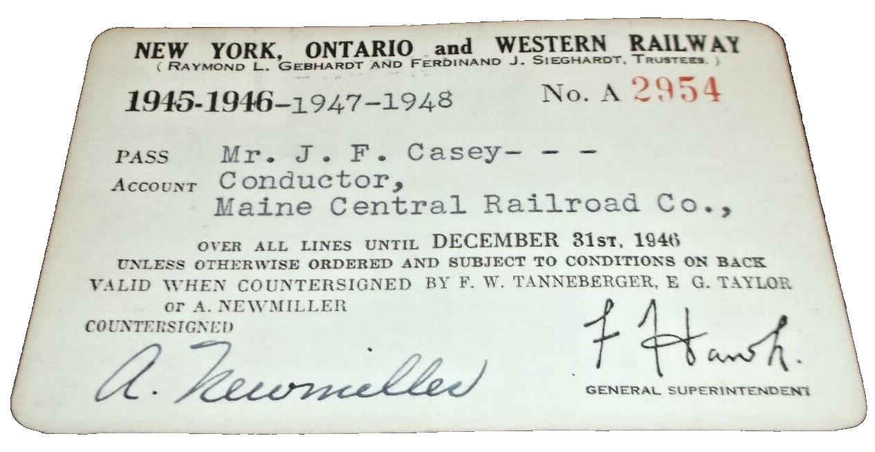 1945 1946 NEW YORK ONTARIO & WESTERN NYO&W EMPLOYEE PASS #2954 MEC
