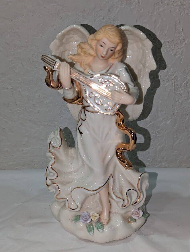 Porcelain Angel Ivory Trimmed in Gold With Lute Figurine Music Box 9\
