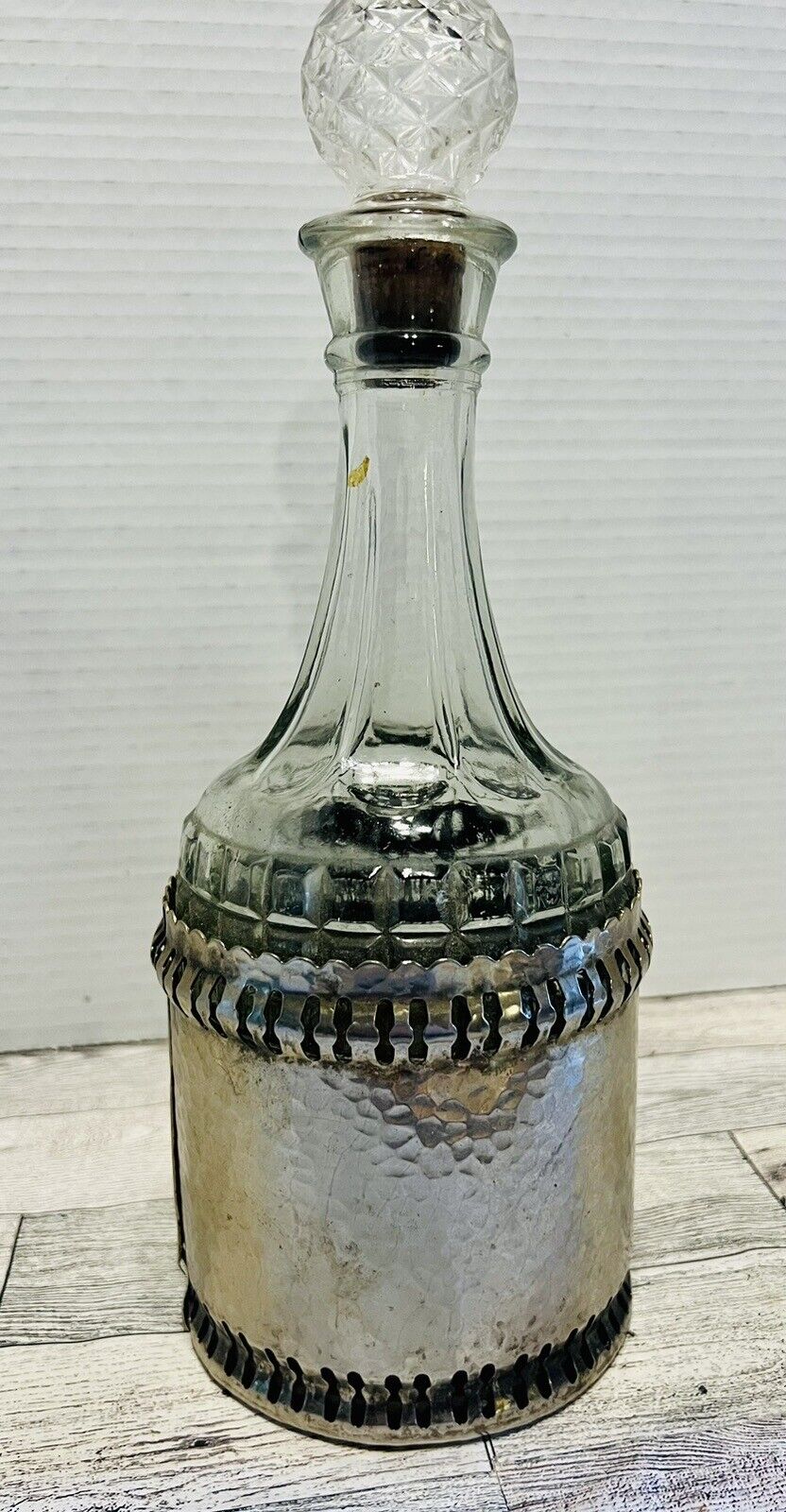 VTG Gales Of Sheffield Hammered Metal Wrap Bottle & Stopper From England 11.5”