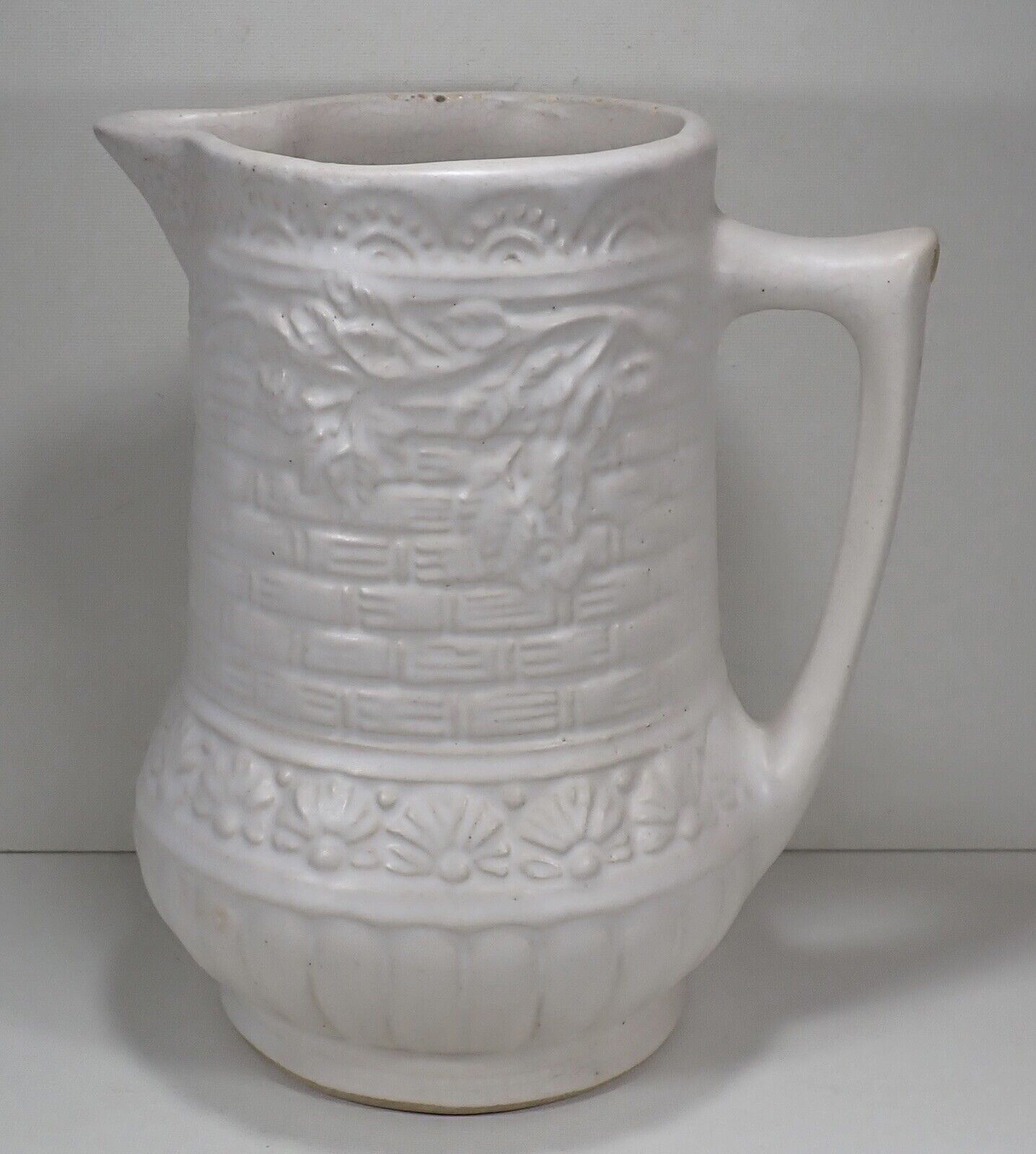 Vintage Roseville Pottery RRPCo Pitcher Basket Weave Design White 7.5\