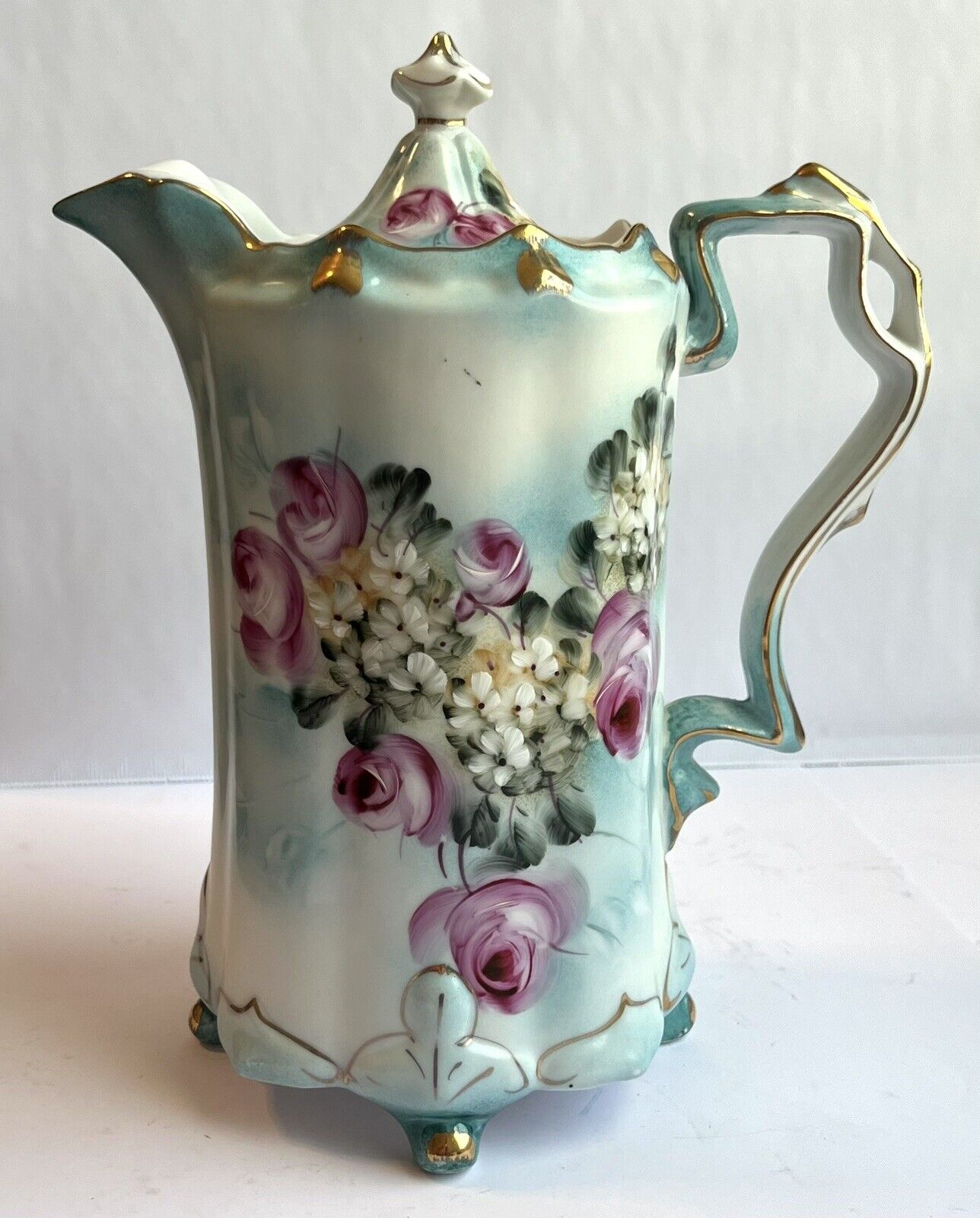 Vintage Hand Painted Porcelain Chocolate Pot, Teapot, Delicate Flowers