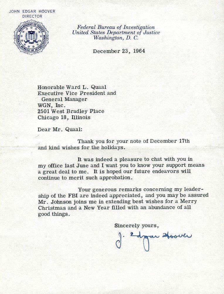 Original Signature Letter J. Edgar Hoover FBI Director December 23,