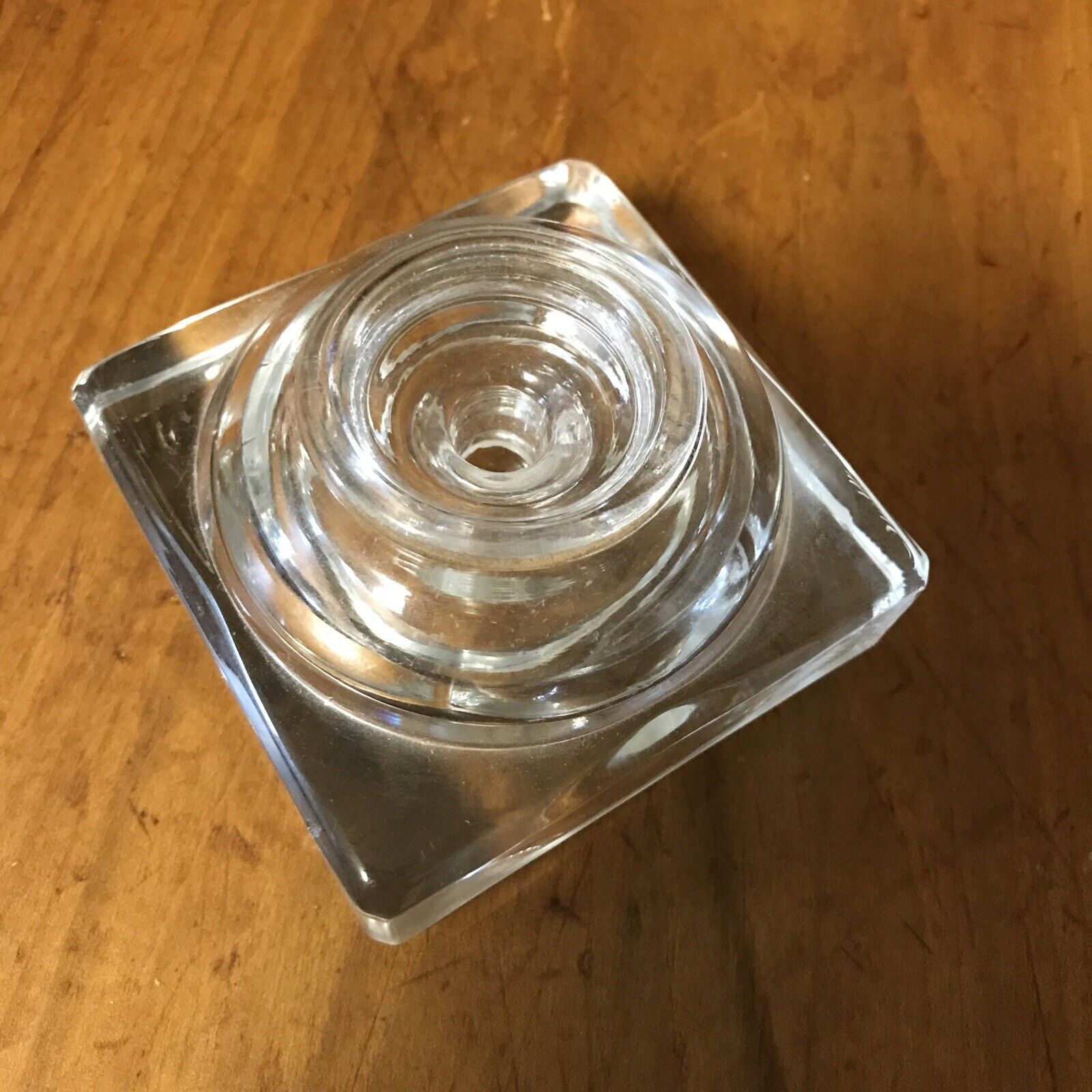 Antique Clear Glass Inkwell - Heavy Cube Shape with Beveled Edging - Glass Lid 