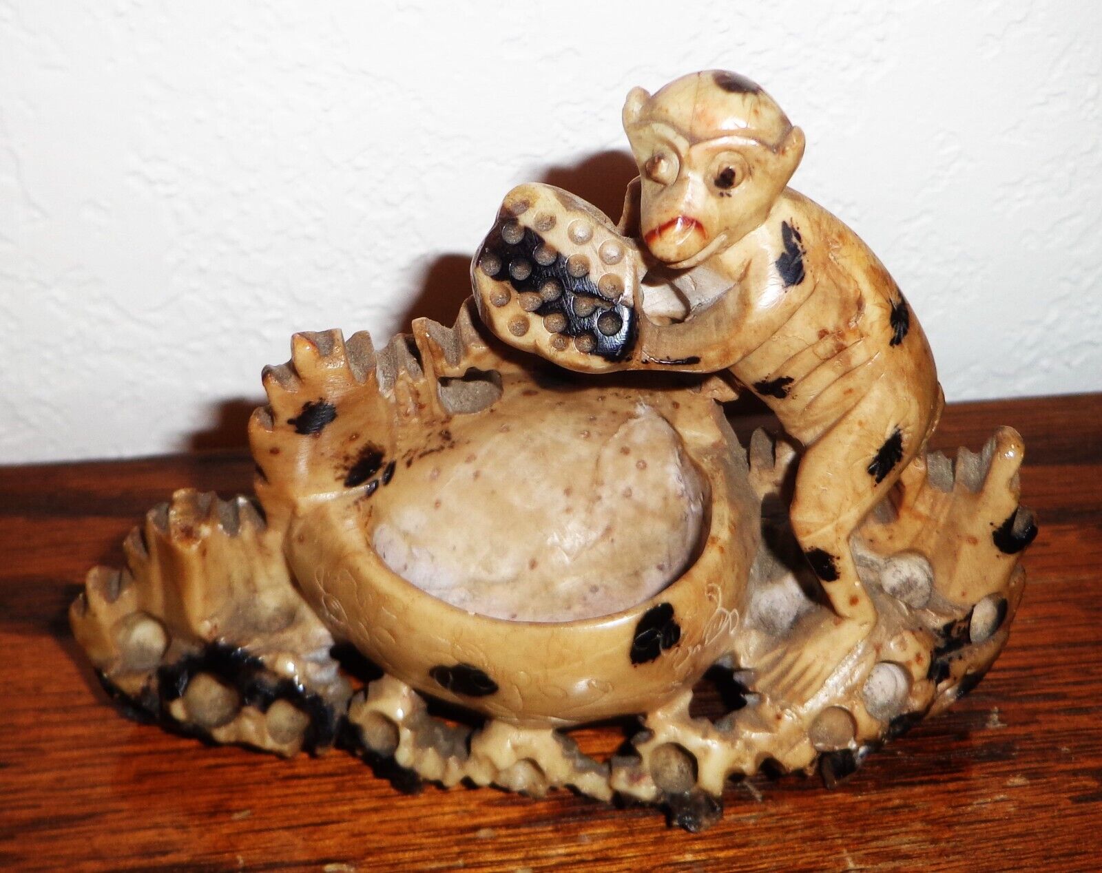 Vintage Asian Soapstone Brushpot Inkwell with Monkey 4 1/2 inches Long