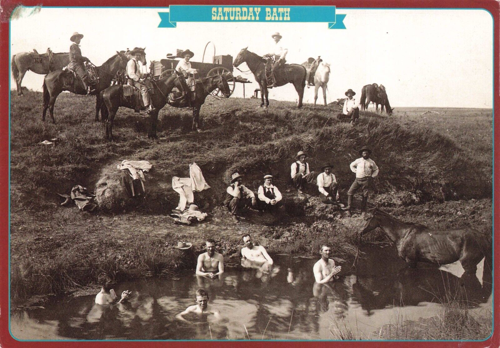 Postcard KS Cowboys Horses Bathing Water Pond Stream River Frontier Trail