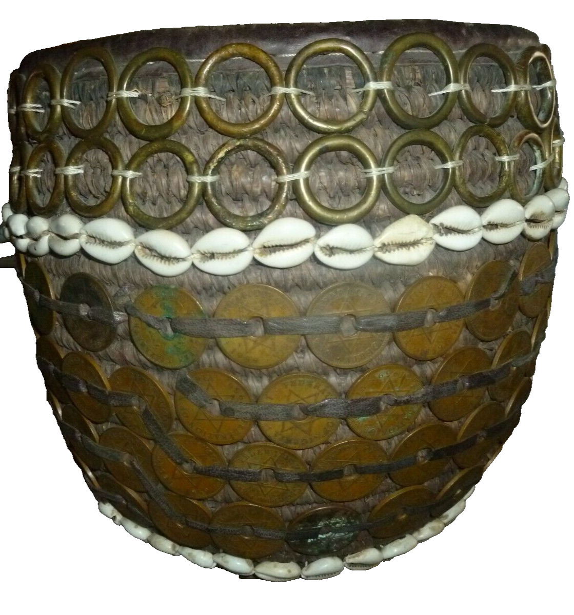 Antique Yoruba African Tribal Basket Cowrie Shell Leather Coins Nigeria LARGE