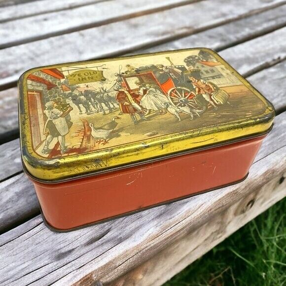 Vintage Tin Box Container by Pletcher and Pollack Horse Carriage Colonial Scene