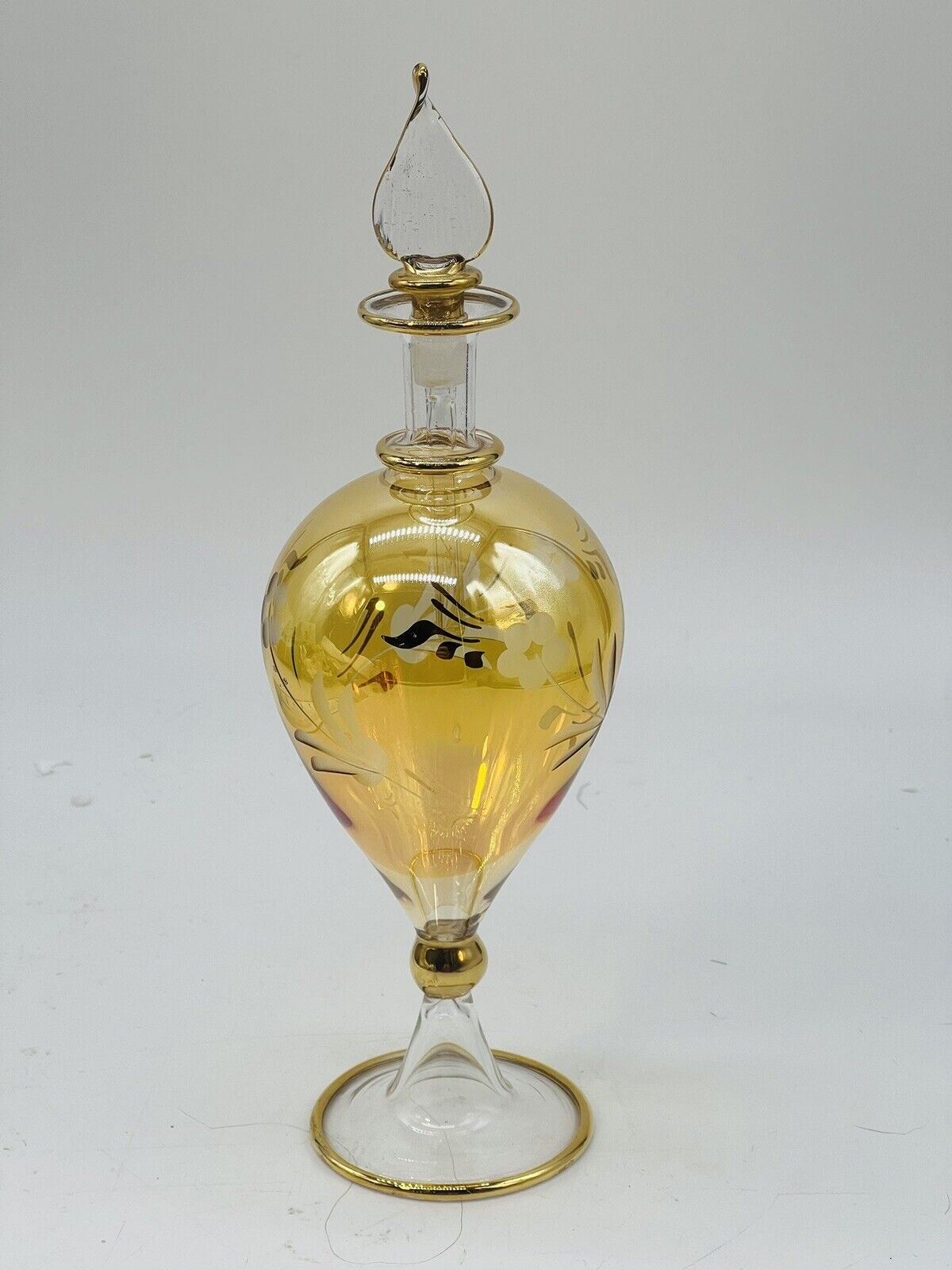 Vintage Perfume Bottle w/ Stopper Egyptian Gold Trim Gold Floral