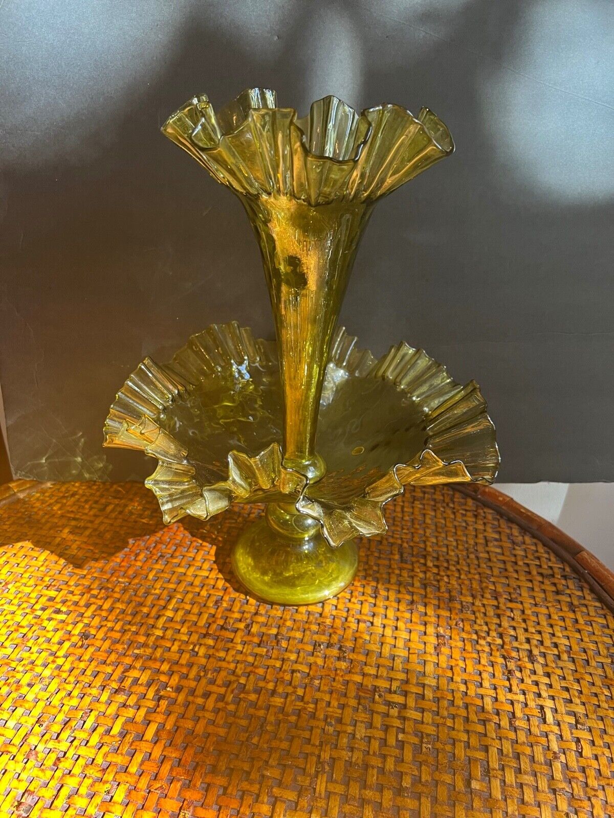 Victorian two peice Golden colored art glass Epergne gorgeous