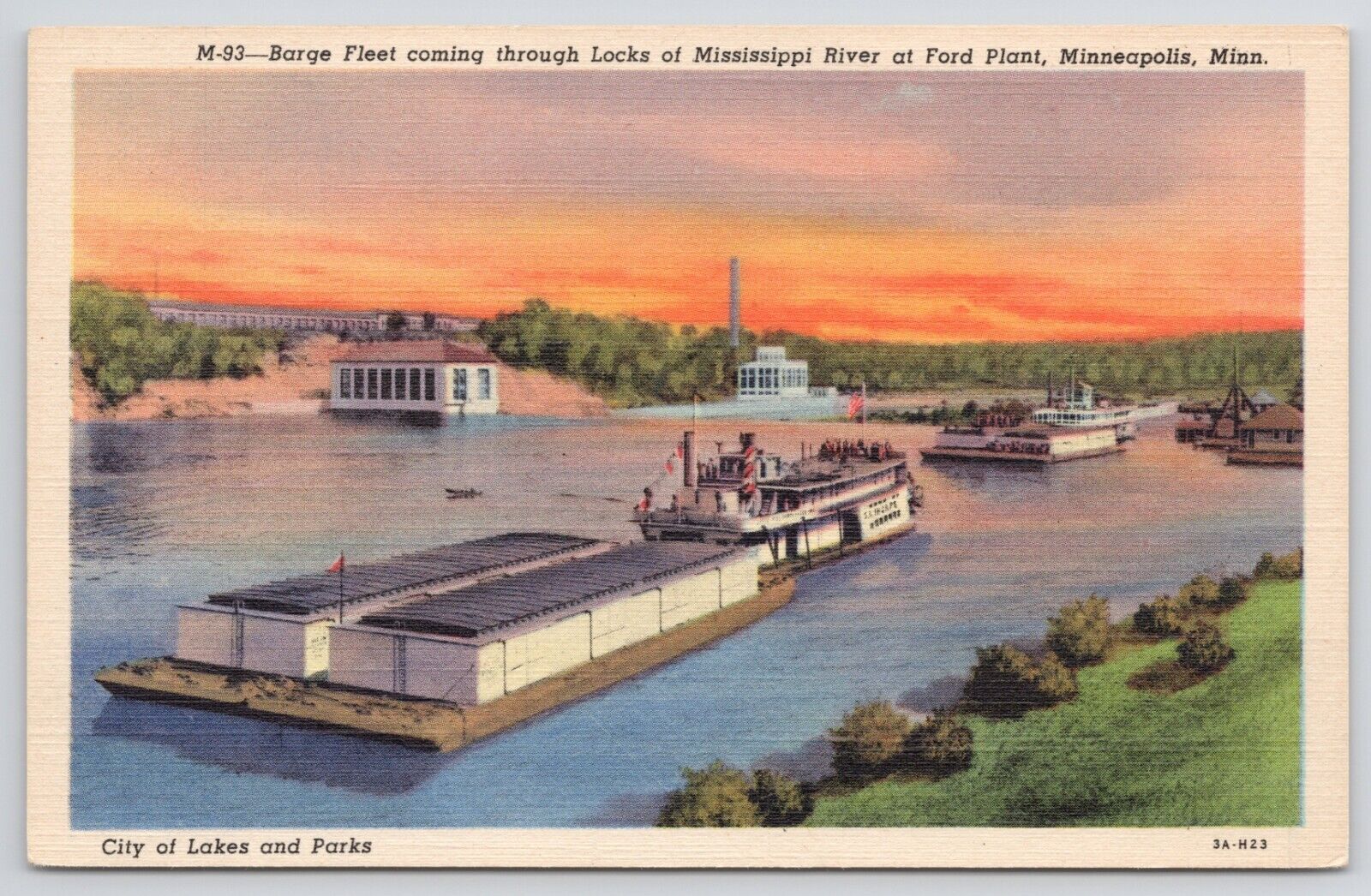 Minneapolis Minnesota Mississippi River Barge Near Ford Plant Linen Postcard