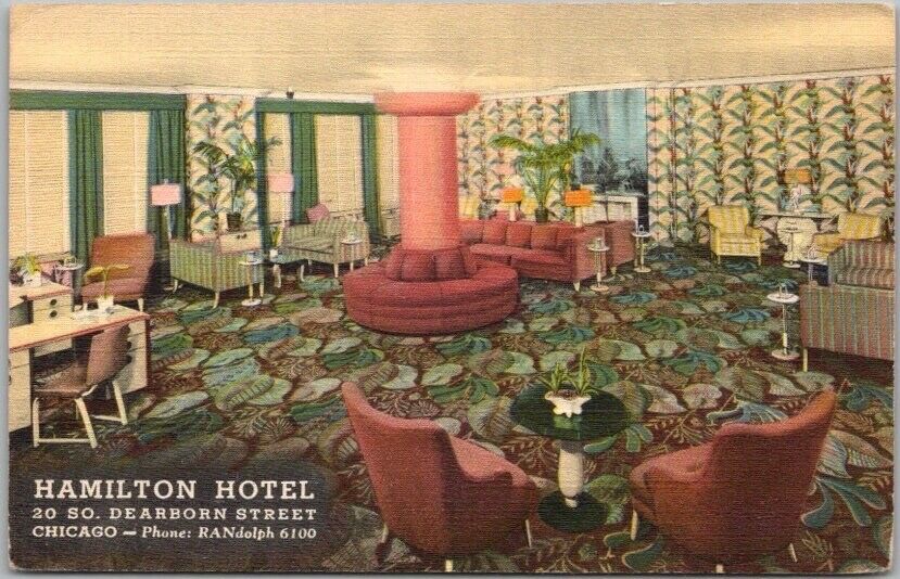 CHICAGO Illinois Postcard HAMILTON HOTEL Lobby - Curteich Linen c1942 Unused