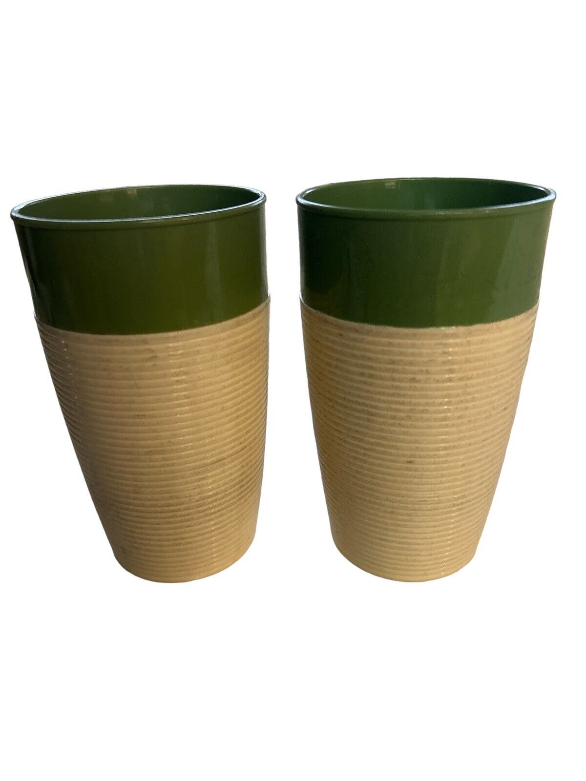 Raffiaware by Thermo-Temp Drink Tumblers Avocado Green Ribbed Vintage Set of 2