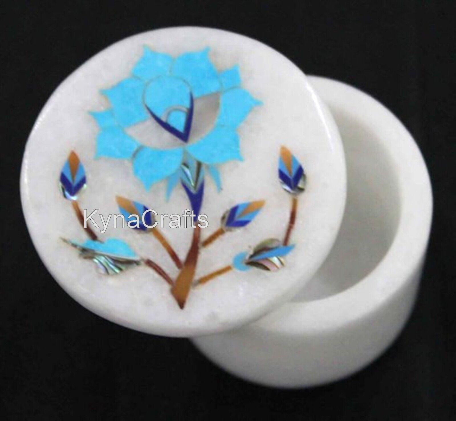2.5 Inches Natural Stone Inlay Work Jewelry Box White Round Marble Paper Pin Box
