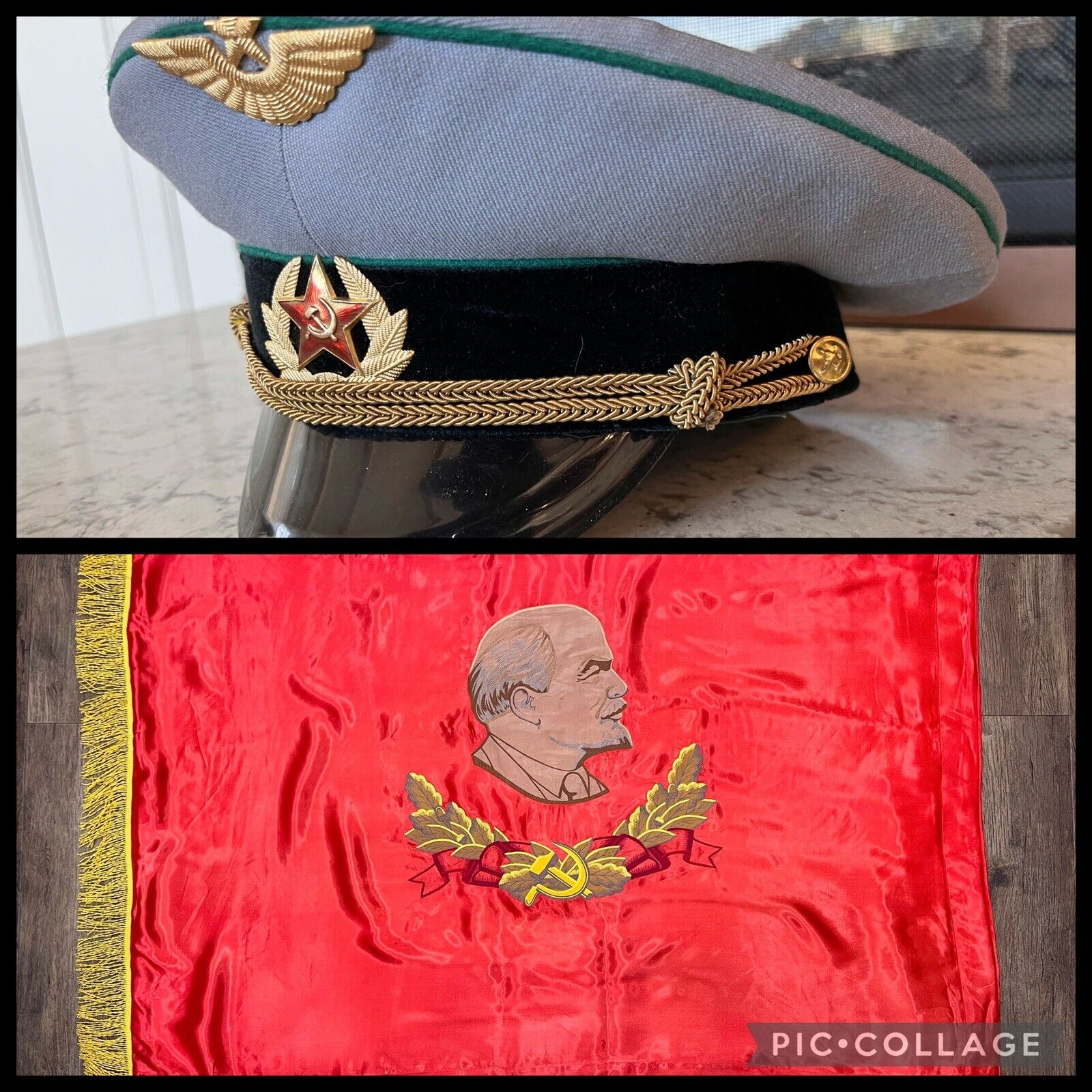 Soviet/USSR Lenin Silk Flag + Soviet Railway Officer Hat - COMBO