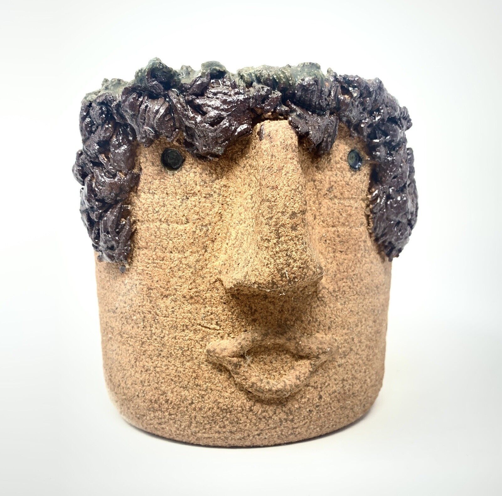 Head Vase Face Planter Mid Century Pottery Curly Hair Guy Stoneware Signed Choy