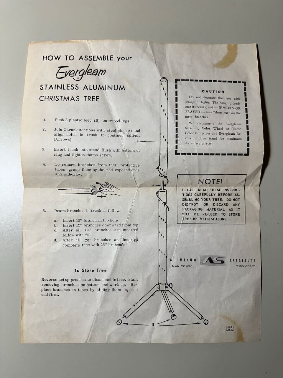 Vintage Original 1960s Evergleam Aluminum Christmas Tree Assembly Instructions