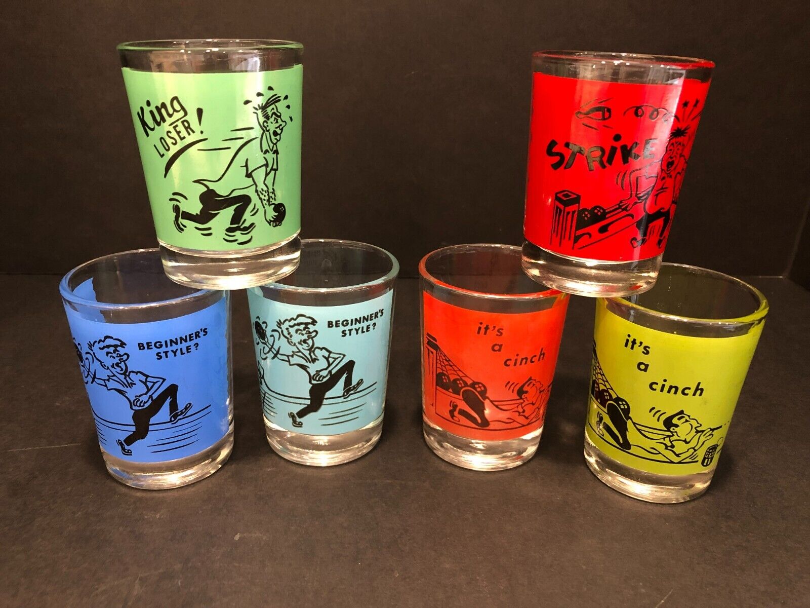 Vintage Federal Glass Bowling Themed Shot Glasses Bowling Humor Novelty Gift Six