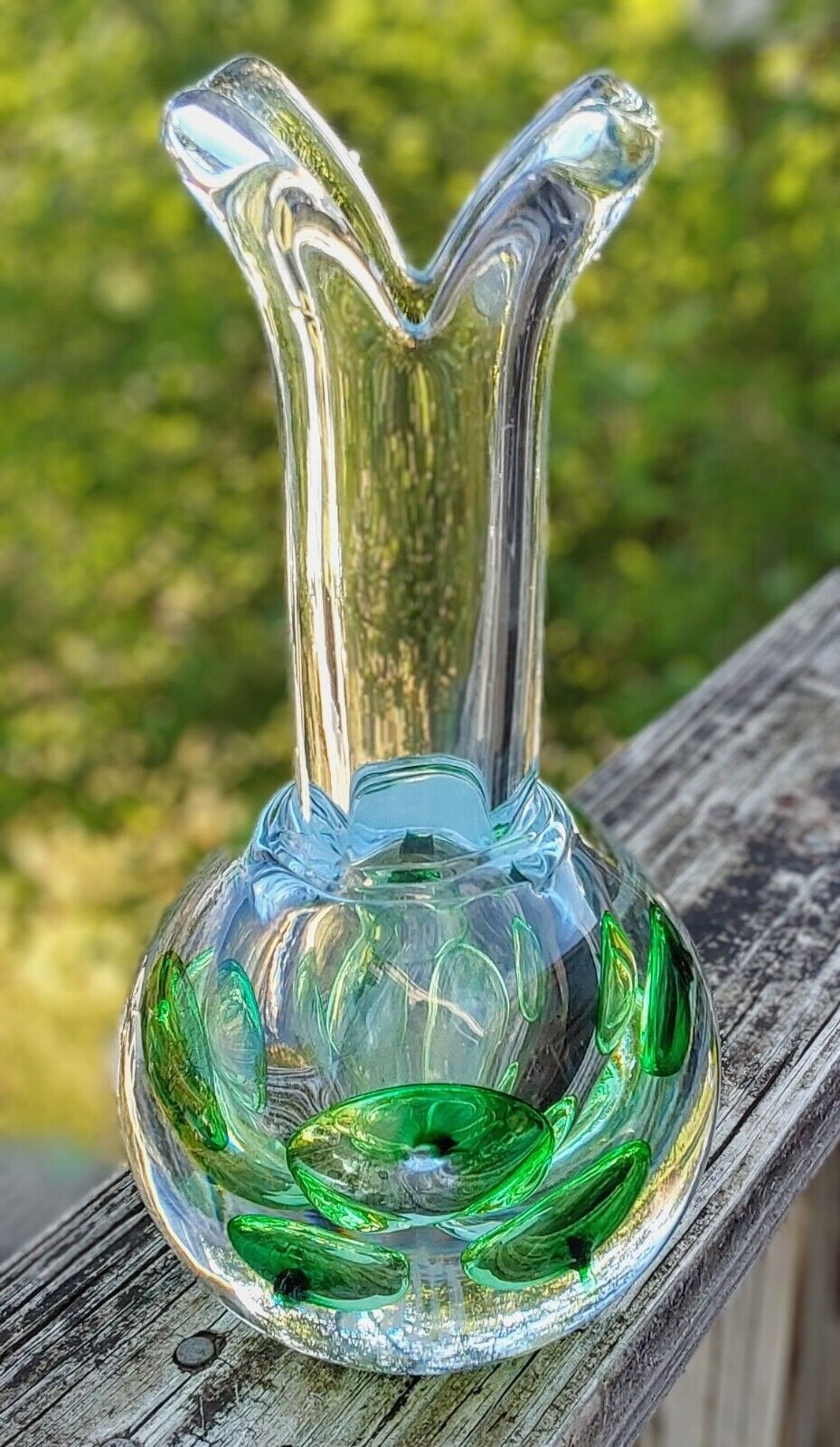 GN Glass Nuvo Signed Czech Green Bubble Art Glass Vase Artist Signed  