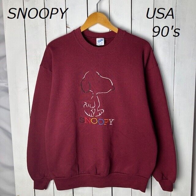 Snoopy Y329 Usa Old Clothes 90S Made  Embroidered Sweatshirt L Red Velva Sheen V