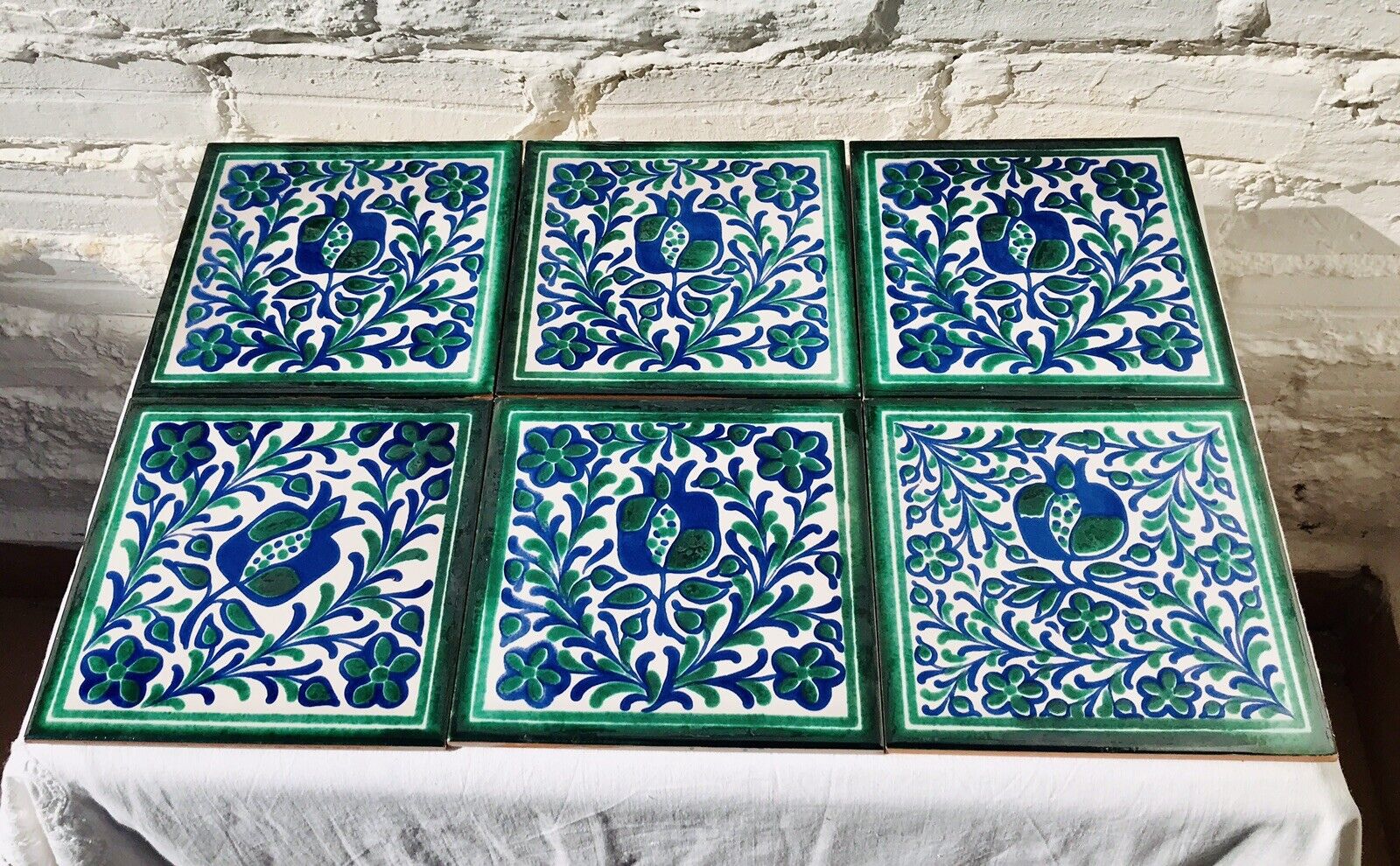 Set 6, Talavera Spanish Tiles Hand Painted BLUE GREEN Granada Fajalauza Alhambra