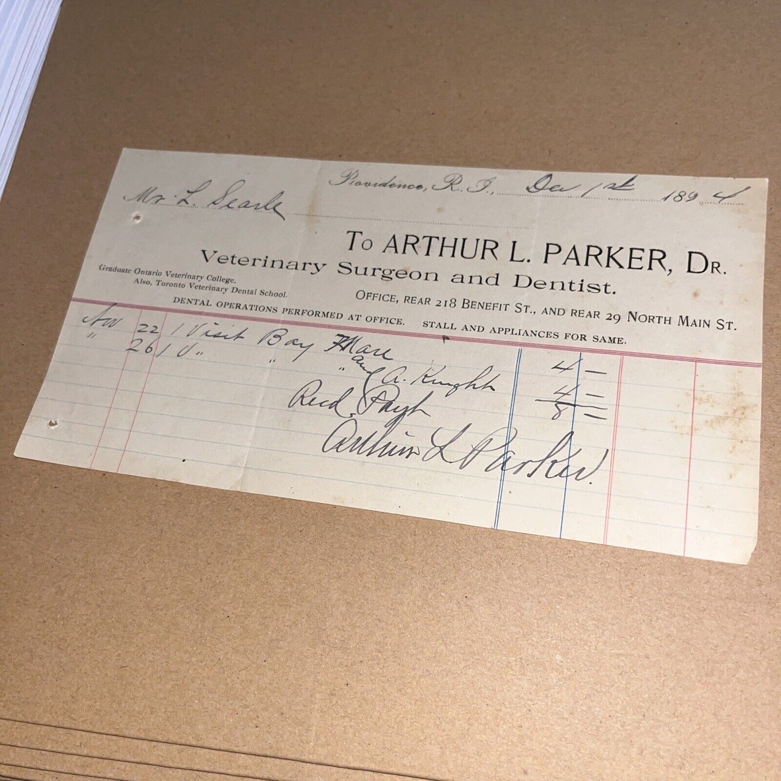 1894 Antique Letterhead Arthur Parker Veterinary Surgeon & Dentist Providence RI