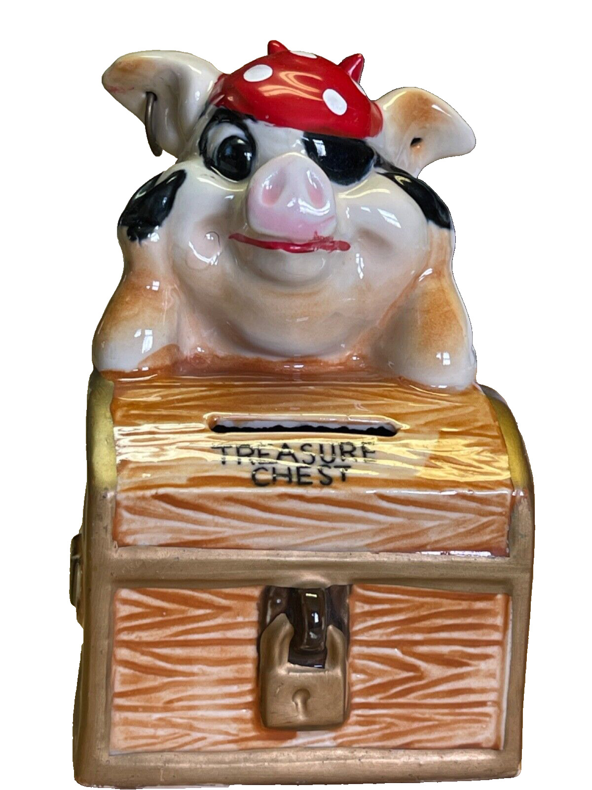 Vintage Japan Ceramic Pirate Pig Treasure Chest Piggy Bank Missing Stopper