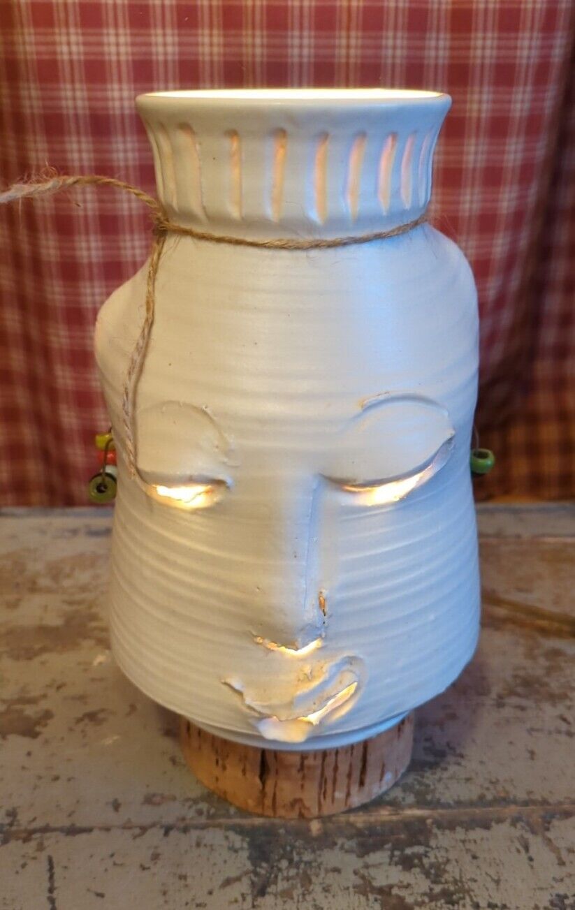 Mid Century Stunning Double Sided Pottery Face Stoneware Side Bedroom Table Lamp