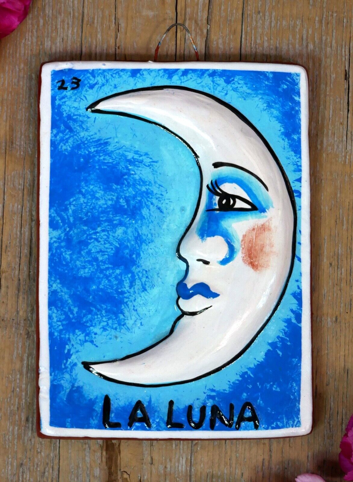 Loteria #23 La Luna the Moon Clay Tile Hand Painted Tonala Mexican Game Folk Art