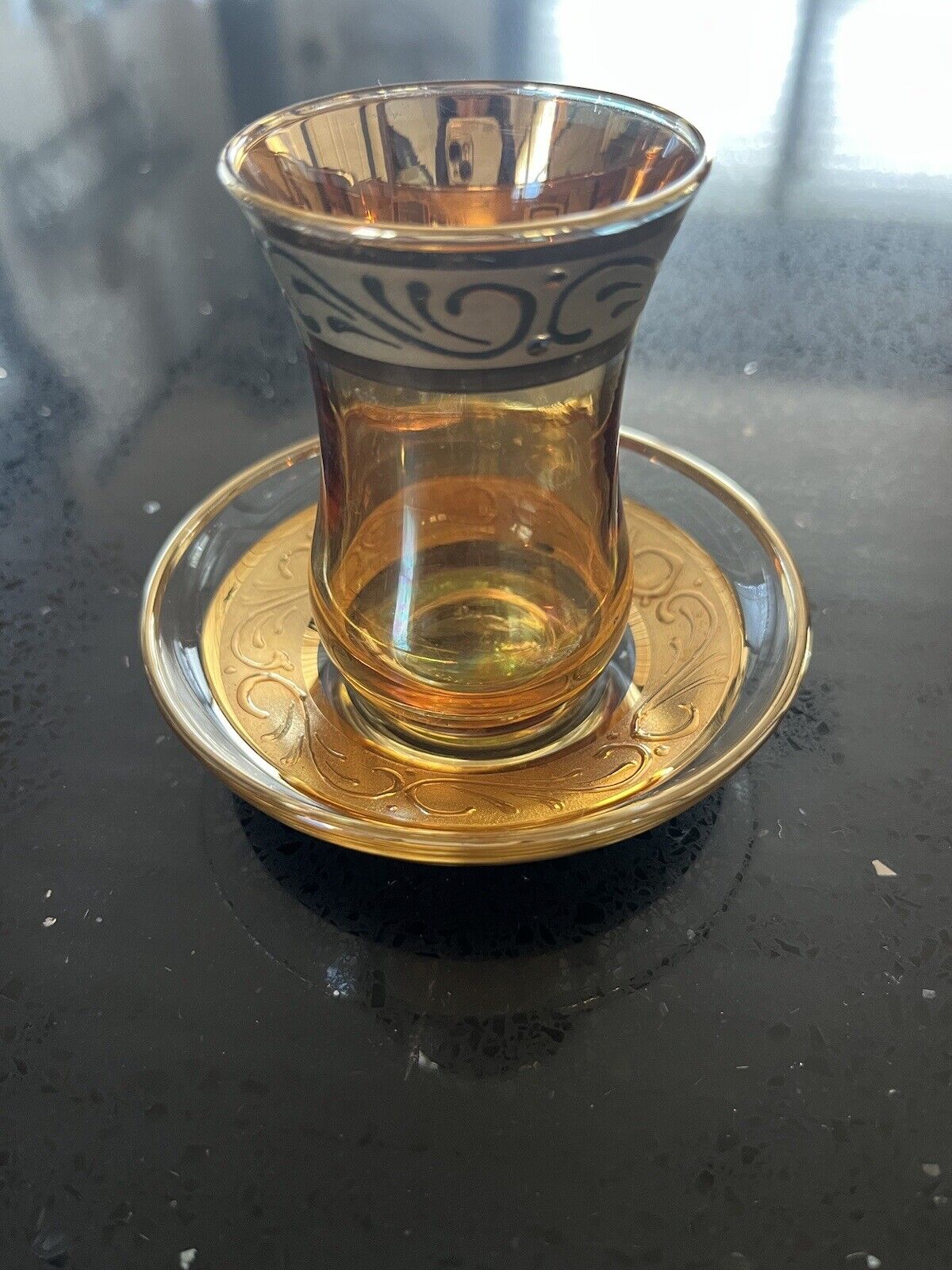 VTG Pasabahce Turkish Tea Cup And Saucer, Gold Tone Gilded And Scroll Design
