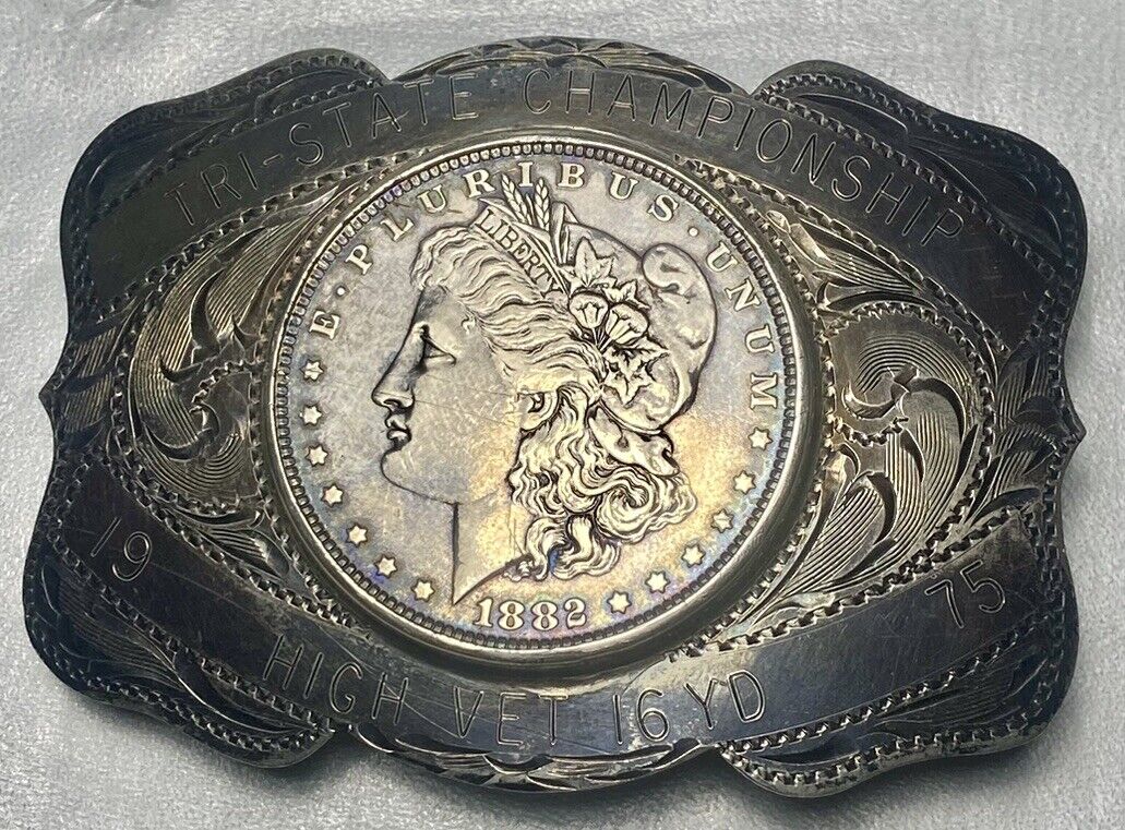 Vintage Sterling Silver Morgan Dollar Belt Buckle 1882 O Tri-State Championship