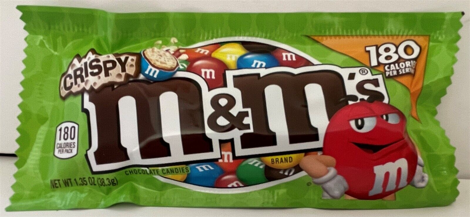m&m\'s CRISPY chocolate candies USA - 1.35 oz green bag - UPC upper-left corner
