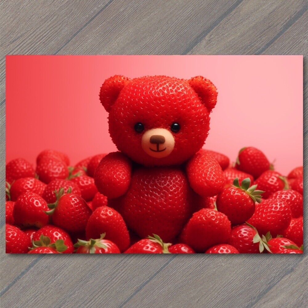 POSTCARD: Straw-Bear-y Juicy Strawberry Teddy Bear Berry Delight Cute 🍓🐻