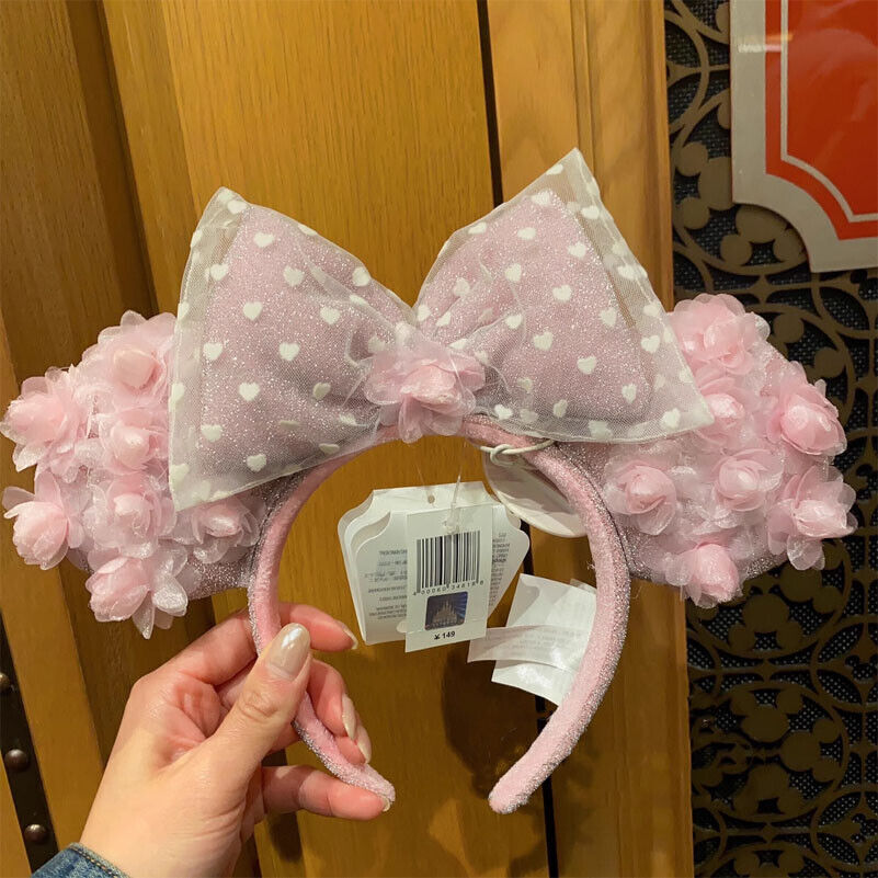 Disney Parks 2023 Valentine Pink Rosebud White Hearts Minnie Ears Headband