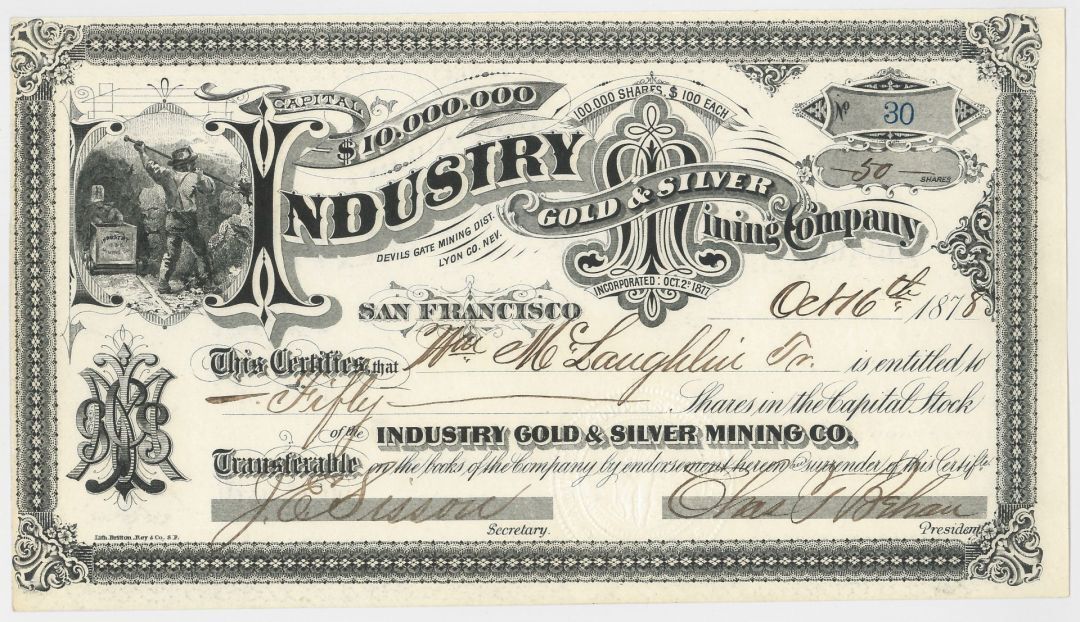Industry Gold and Silver Mining Co. - 1878 dated Silver City, Nevada Mining Stoc